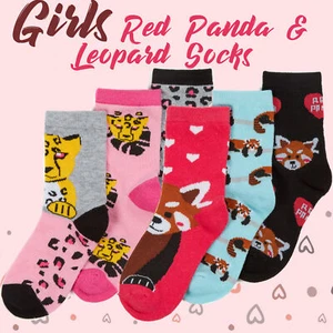 3 Pairs Childrens Girls Novelty Play Animal Red Panda Leopard Printed Crew Socks - Picture 1 of 7