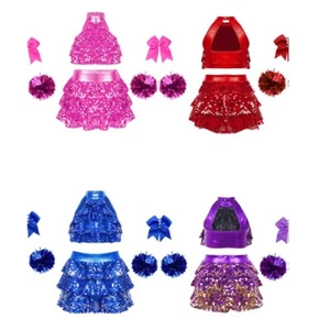 Kids Girls Cheerleading Costume Ruffled Dancewear Shiny Sequins Role Play Jazz - Picture 1 of 53