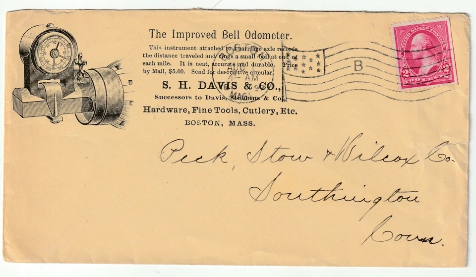 1897 USA ADVERTISING ENV BELL $5 ODOMETER S H DAVIS BOSTON MASS TO SOUTHINGTON - Image 1 of 2