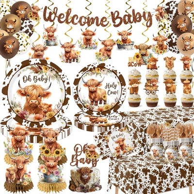 Vajilla Highland Vaca Baby Shower Decoraciones Animales de Granja Marrón Estampado Vaca I... Foto 1 de 4