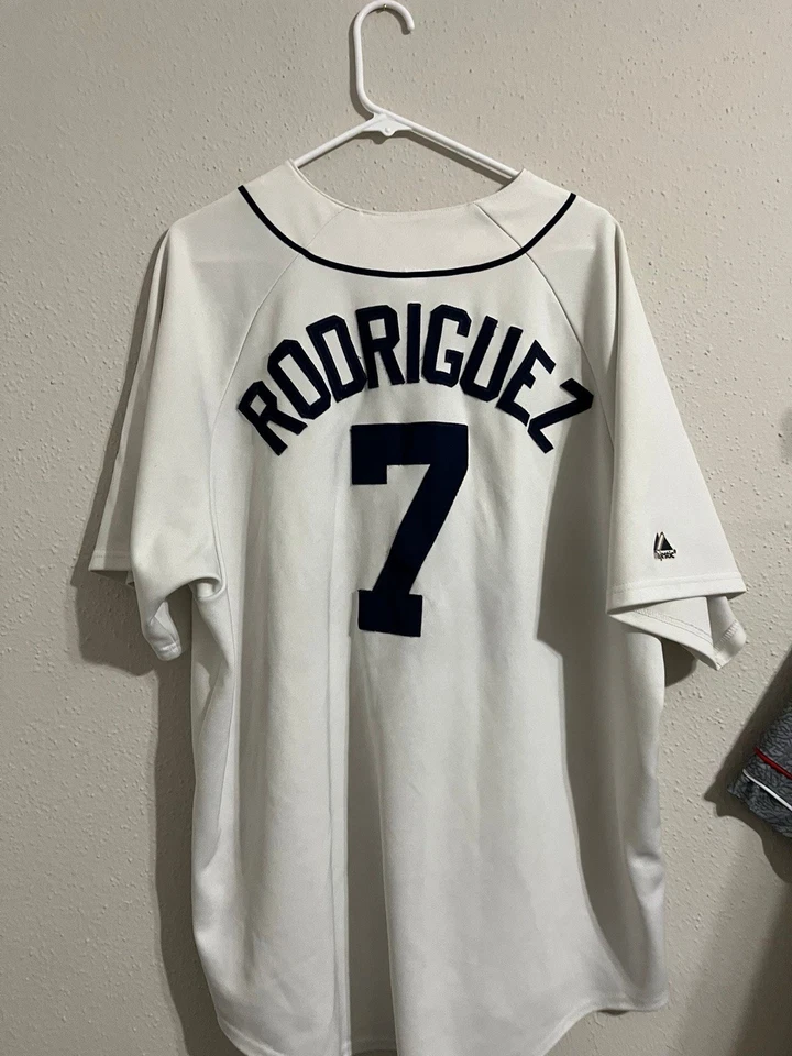 Camiseta de beisebol Rodriguez #7 branca com acabamento marinho - Imagem 1 de 2