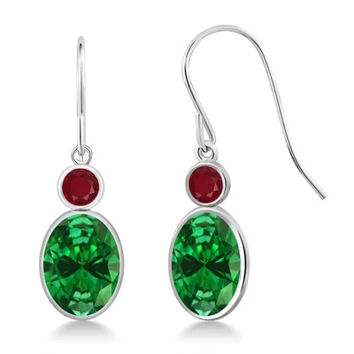 14K White Gold Simulated Emerald and Ruby Hook French Fish Ear Wire Dangle - Image 1 of 3