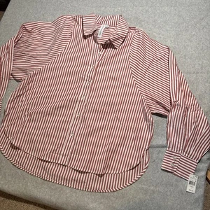GRACE KARMA Linen Blend Blouse Sz L Button Down Puff Sleeve Red/White Striped - Picture 1 of 8
