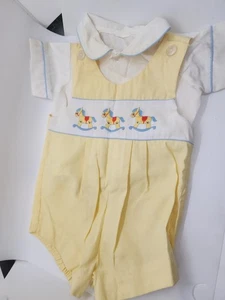 Vtg Baby Outfit Yellow And White Embroidered Rocking Horses Size 3 Months - Picture 1 of 7
