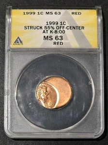 1999 Lincoln Cent 55% Off Center ANACS MS63 Red - Picture 1 of 2