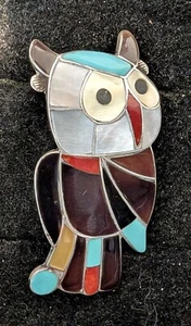 Vintage Zuni Handarbeit Sterlingsilber Multi Stein Eule Anhänger/Anstecknadel - Bild 1 von 4