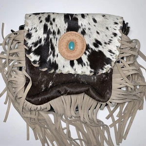 Black - Gray Fringe Fur Leather Suede Bag Western Style No Strap - Picture 1 of 16