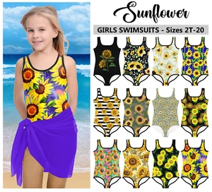 Kids Sunflower Swimsuit Floral #6 - Baby Girl Teens Bathing Suit Sun Flower - Picture 1 of 30