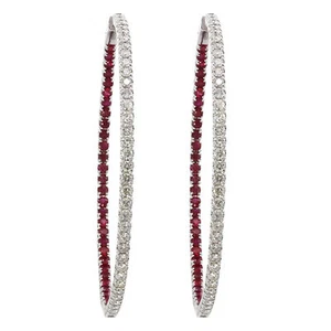 Inside Out Diamond Red Ruby Large Hoop Earrings 2.30cts 14K White Gold 2 inches - Picture 1 of 2