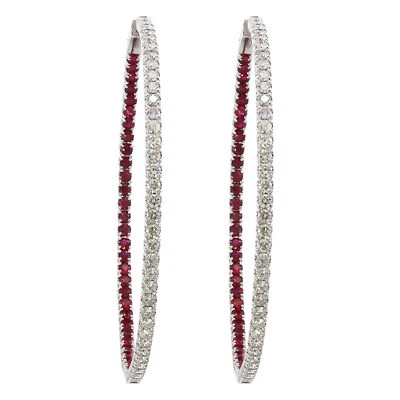 Inside Out Diamond Red Ruby Large Hoop Earrings 2.30cts 14K White Gold 2 inches - Image 1 of 2