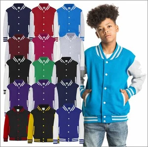 AWDis Kids Varsity Jacket Casual Boys Girls School College Baseball Teddy Jacket - Picture 1 of 22