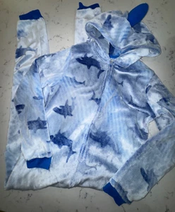 Boys Size Medium 10/12 One Piece Sleepwear Pajamas ~ Fleece, Sharks, Hood - Picture 1 of 4