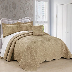 Home Soft Things Damask 4 Piece Bedspread Set,Scalloped Edge Reversible Quilt Co - Picture 1 of 12