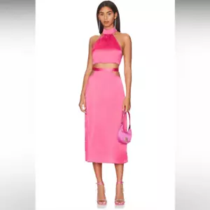 WeWoreWhat Hot Pink Satin Cut Out Skirt and Top Set - Picture 1 of 4