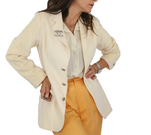 Blazer lungo vintage CHANEL Boutique 98P panna beige lana con bottoni taglia 38