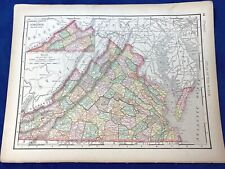 1893 VIRGINIA Map w/ Colored Counties, Reverse MARYLAND & DELAWARE 14" x 10.5"