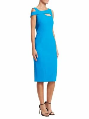 $495 NUEVO CON ETIQUETAS VESTIDO DE CREPÉ VAINA RECORTE ASIMÉTRICO SIN MANGAS THEIA Talla 2 Foto 1 de 3