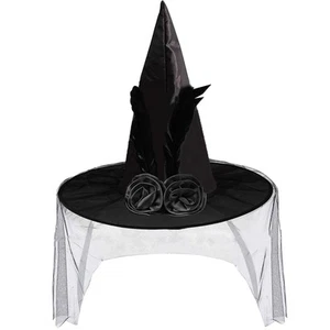 Women's Soft Lace Mesh Rose Flower and Feather Hat with Gift Box, Black Witch... - Picture 1 of 5