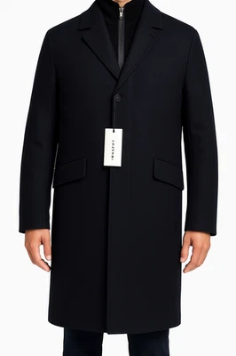 Abrigo largo azul marino de sarga de lana Cole Haan Signature para hombre con babero de punto carbón (L) Foto 1 de 4