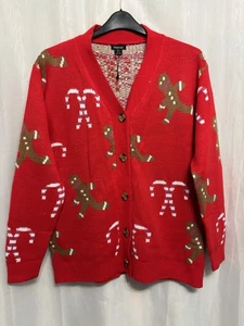 @88 Boohoo Sz 16 Red Festive Candy Cane Gingerbread Knit Xmas Cardigan Nwt - Picture 1 of 3
