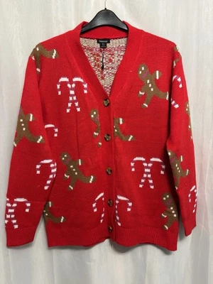 @88 Boohoo Sz 16 Red Festive Candy Cane Gingerbread Knit Xmas Cardigan Nwt  - Image 1 of 3
