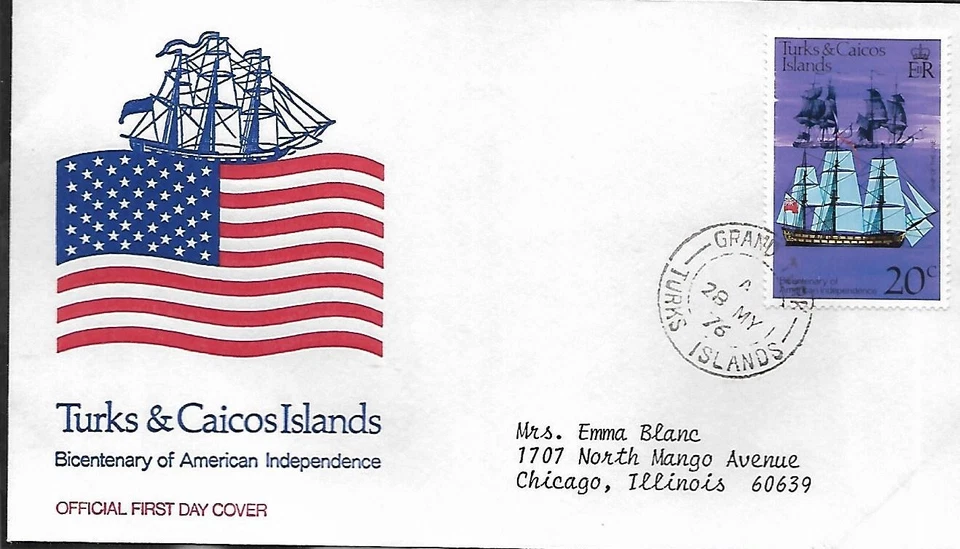 TURKS & CAICOS 1976 FIRST DAY COVER SHIP BOAT AMERICAN BICENTENNIAL - Image 1 of 1