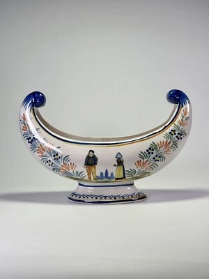 HENRIOT QUIMPER Pedestal Crescent Vase Planter Breton Man Woman ~ Signed - Image 1 of 4
