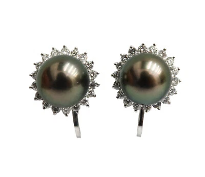 Pendientes traseros retorcidos de diamantes y perlas cultivadas del Mar del Sur de oro blanco de 14k Foto 1 de 4