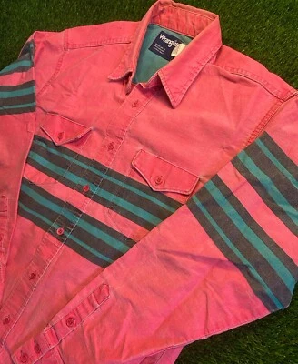VTG Wrangler Brushpopper Pink/Teal Heavy Canvas Cowboy Western Shirt 16-34 L - Изображение 1 из 4
