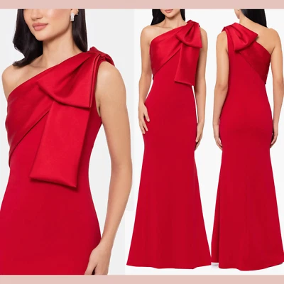 NWT $269 Betsy & Adam [ 10 ] One Shoulder Satin Bow Crepe Mermaid Gown Red J770 - Image 1 of 4