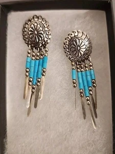 Vintage Southwest Sterling Silver Teal Blue Beaded Concho 2" Post Earrings  - Picture 1 of 3