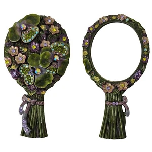 Emaille Kosmetik Hand Spiegel Strass Kristall Blume Fee Bouquet Lavendar Mini - Bild 1 von 12