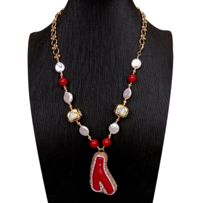 Collar Gargantilla 21" Moneda Blanca Perla Concha de Mar Blanco Colgante Rama Coral Rojo Foto 1 de 4