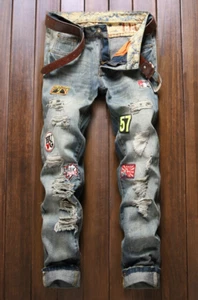 men's ripped jeans straight patch pants high quality washed men's pants No belt - Picture 1 of 10