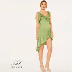 Cinq á Sept Petunya Ruffle Silk Dress in Prickly Pear Green Size 4