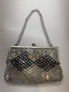 Vintage La Regale Silver Black Beaded Sequin Purse Clutch Bag Chain Strap - Picture 1 of 12