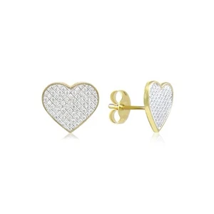 10K Solid Yellow Gold CZ Heart Stud Earrings - Cubic Cluster Love Women Girls - Picture 1 of 5