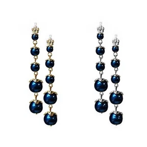 Earrings Navy dark blue Pearl classic long drop, choose clip on or pierced - Picture 1 of 4