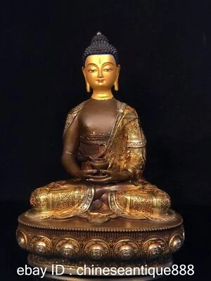 Antiguo Templo Budista Tíbet Bronce Dorado Shakyamuni Amitabha Buda Loto Estatua Foto 1 de 4