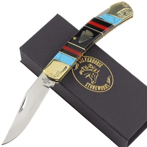 Frost Silverhorse Stoneworks Turquoise Red Black Stone Lockback Pocket Knife AH4 - Picture 1 of 7