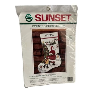 Sunset 1991 Counted Cross Stitch Kit Skating W/Santa Stocking New Open Package - Picture 1 of 4