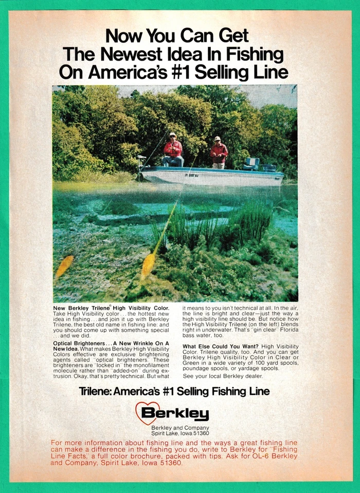 Berkley Trilene Fishing Line Americas #1 línea de pesca anuncio impreso vintage 1976 Foto 1 de 1