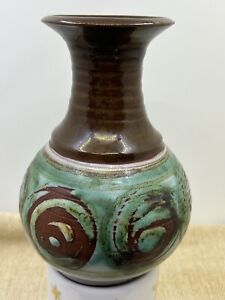 Small Skegness Pottery Vase-Spiral Pattern-Brown/Cream/Green Glaze-12 cm