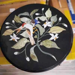 12'' Black Round Marble Coffee Table Top Inlay Malachite antique bird design - Picture 1 of 6