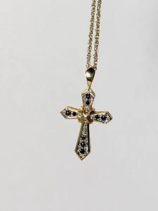 Gold Tone Blue Sapphire Look Cross Pendant Necklace Signed Joseph Cleary JC - Picture 1 of 5