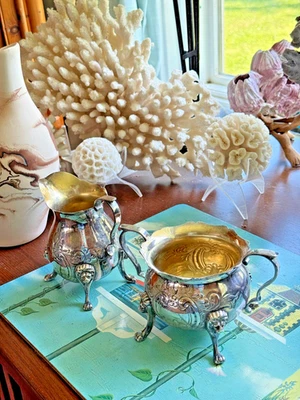 Antique Silver Creamer + Sugar Set Prill Silver Co. Lion’s head Detail gold wash - Image 1 of 4