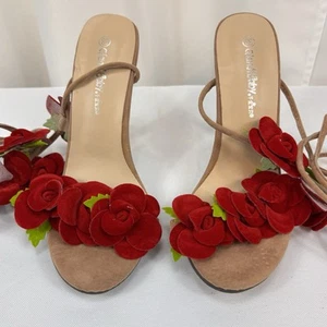 Sandalen Stiletto High Heels Rosen Wildlederimitat Riemchen Knöchelriemen Festival Club Boho - Bild 1 von 10