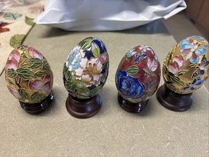 (4) Cloisonne Raised Enamel Eggs Handcrafted Glittering Gold w/Flowers - Picture 1 of 10
