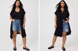 Neu mit Etikett Torrid Gr. 2 geknöpftes Tunika-Shirt tiefschwarz Crinkle Gaze kurze Ärmel 2X - Bild 1 von 3