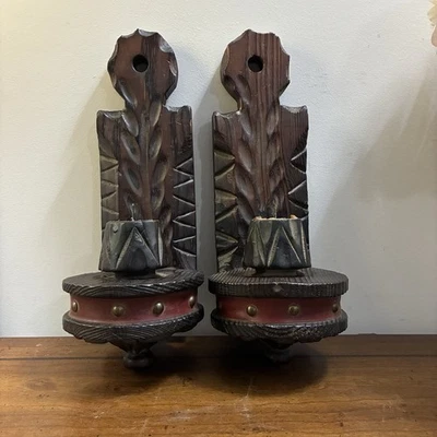 Set Of 2 Vintage Wall Sconce Hanging Candle Holder  Wood & Leather Made In Spain - Image 1 of 4